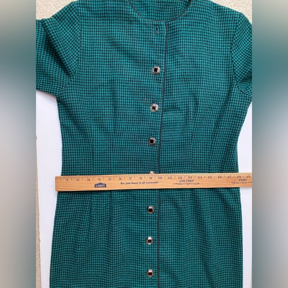 Vintage Wool Dress Houndstooth Pattern Black Green Long Sleeve Tailored M - Picture 9 of 15